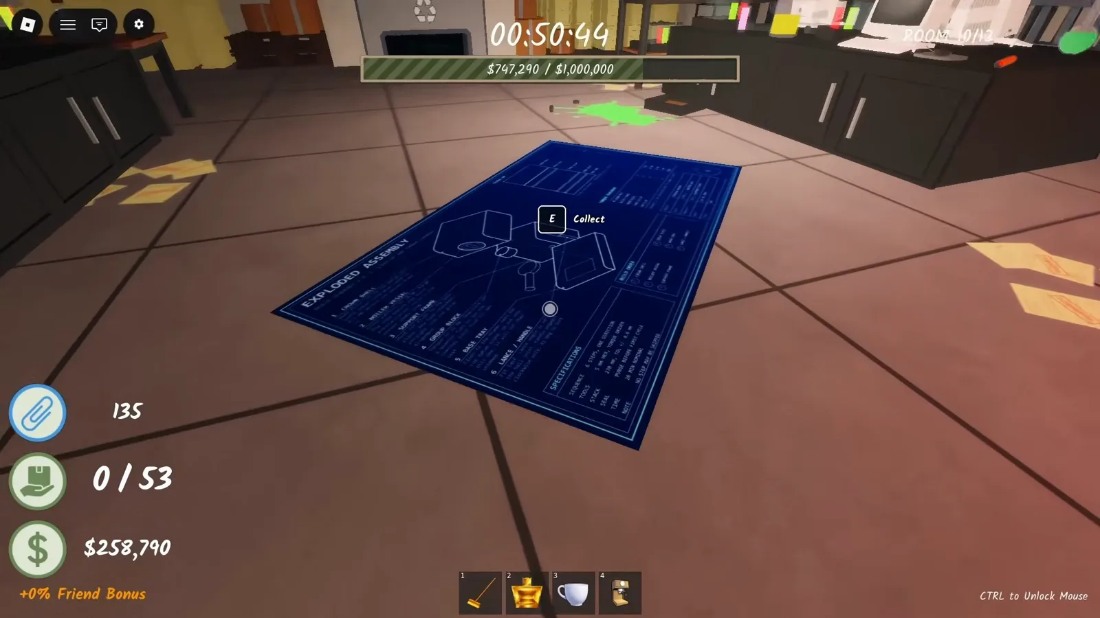 Scientist blueprint lying on the floor of Shred the Secrets Room 10 with an E Collect prompt on the sheet