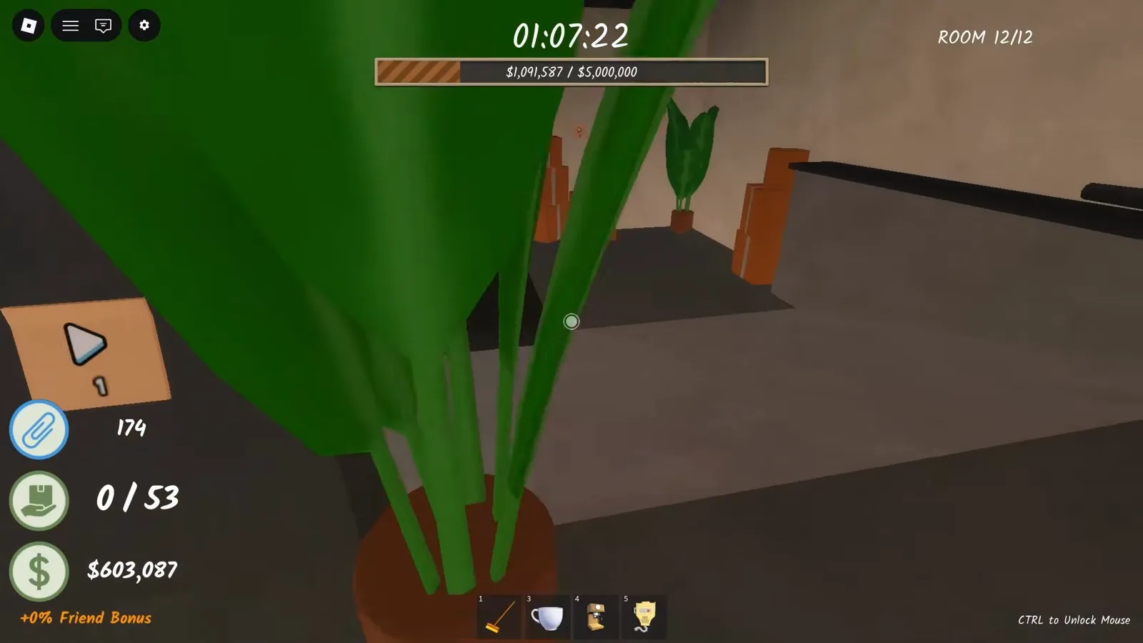 Orange vault code note showing the number 1 and a direction arrow pinned beside a plant in Shred the Secrets Room 12