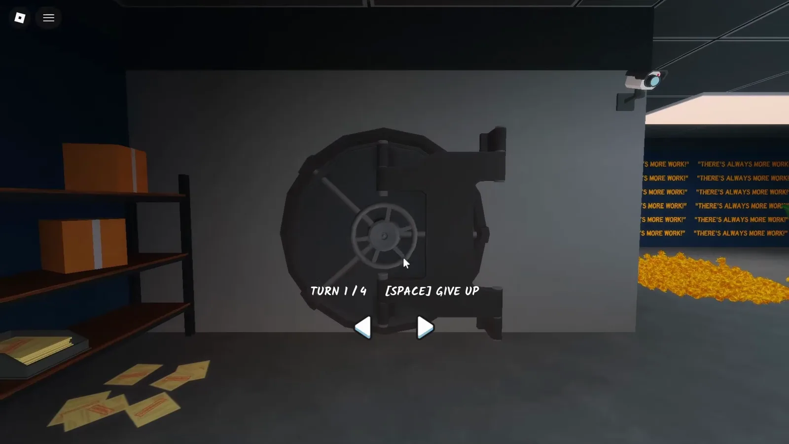 Vault dial minigame showing TURN 1/4 with SPACE to give up on the Shred the Secrets Room 12 bank vault door